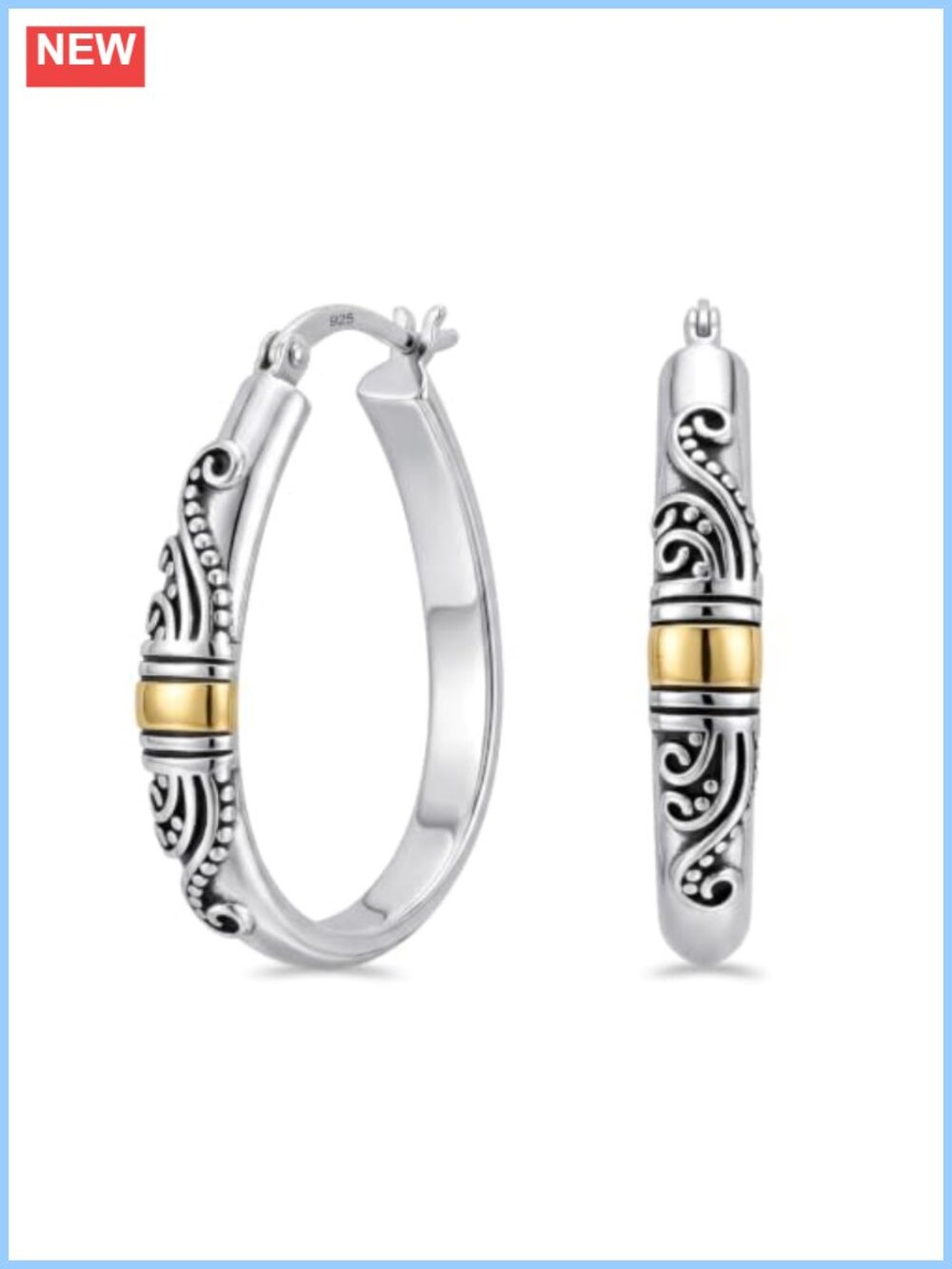 925 Sterling Silver Bali-Style Hoop Earrings Click-Top Beaded Two-Tone Women